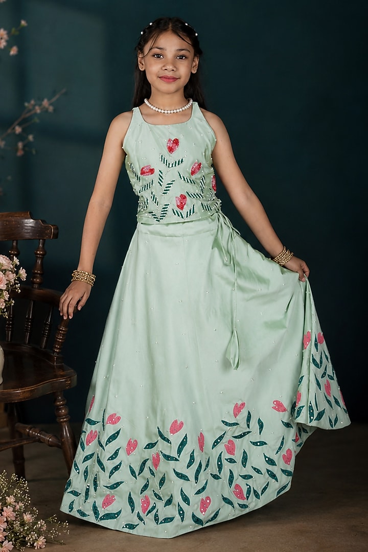 Pista Green Taffeta Silk Floral Embroidered Lehenga Set For Girls by Hooray at Pernia's Pop Up Shop