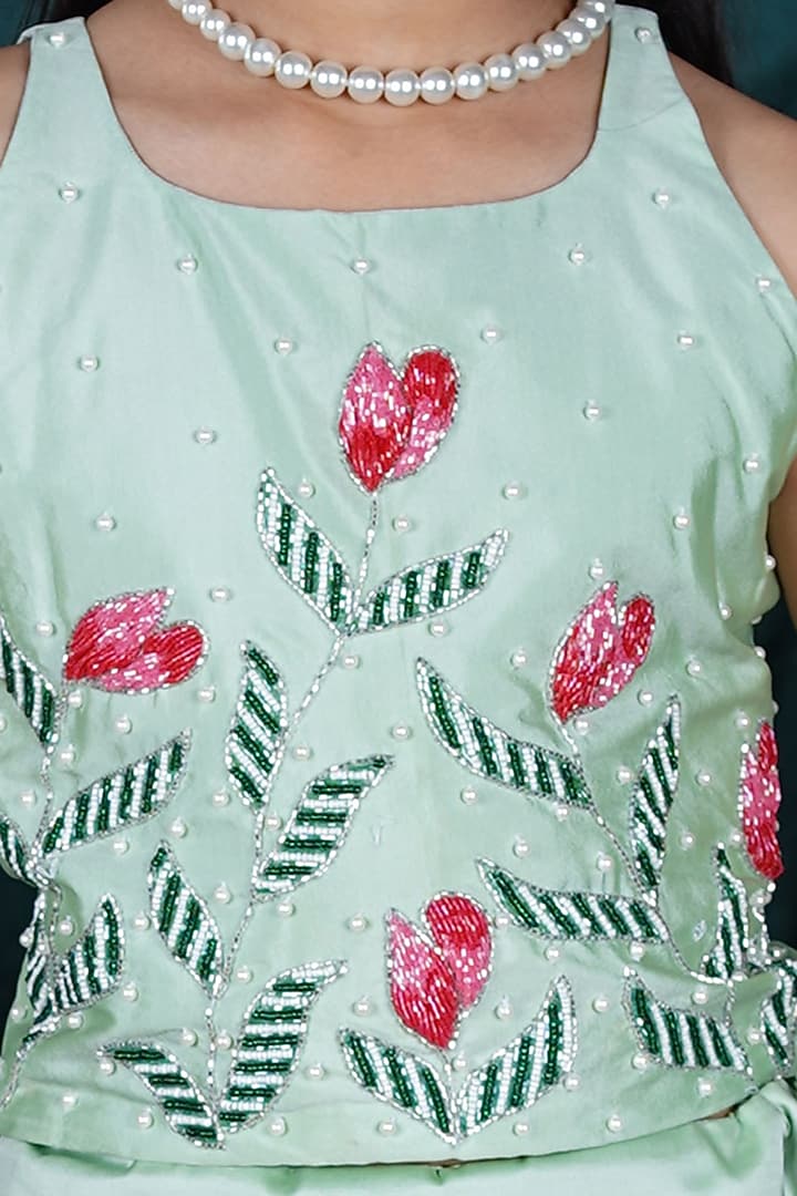 Pista Green Taffeta Silk Floral Embroidered Lehenga Set For Girls by Hooray at Pernia's Pop Up Shop