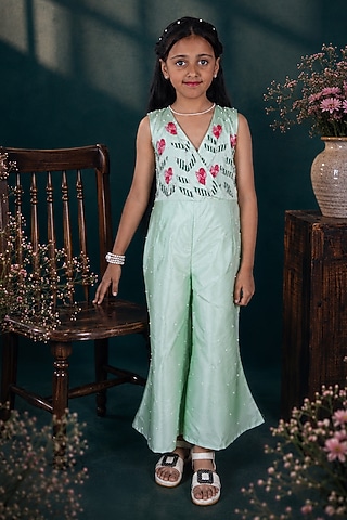 Pista Green Taffeta Silk Floral Hand Work Jumpsuit For Girls by Hooray