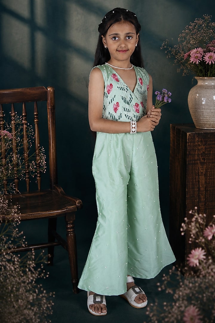 Pista Green Taffeta Silk Floral Hand Work Jumpsuit For Girls by Hooray at Pernia's Pop Up Shop