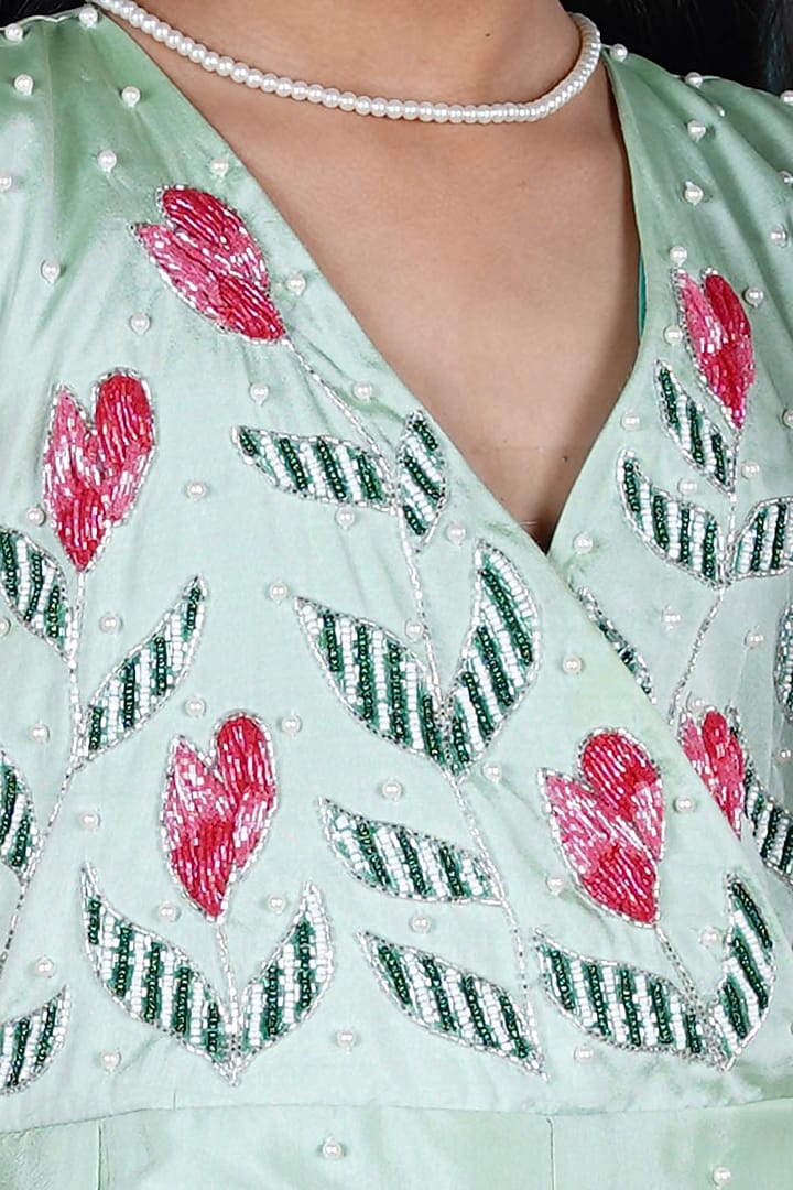 Pista Green Taffeta Silk Floral Hand Work Jumpsuit For Girls by Hooray at Pernia's Pop Up Shop