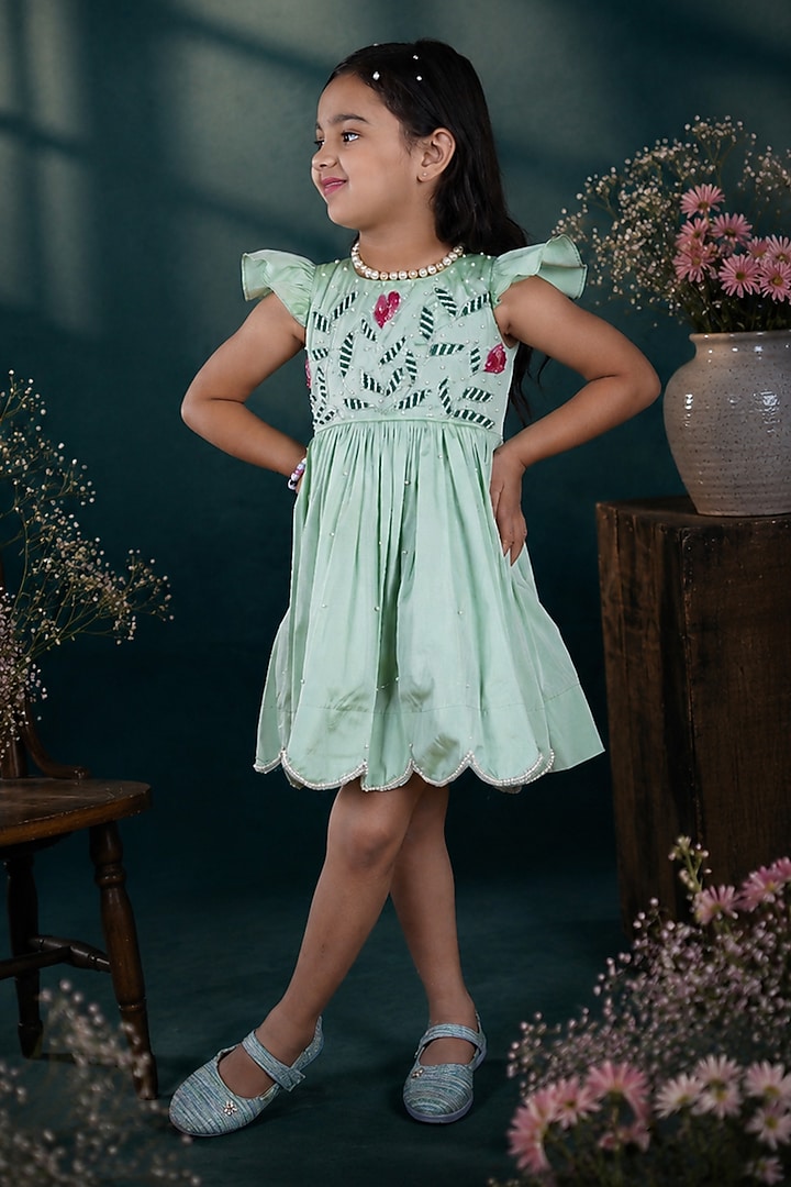 Pista Green Taffeta Silk Floral Handwork Dress For Girls by Hooray at Pernia's Pop Up Shop