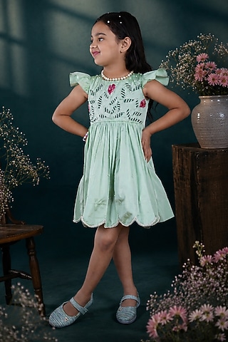 Pista Green Taffeta Silk Floral Handwork Dress For Girls by Hooray
