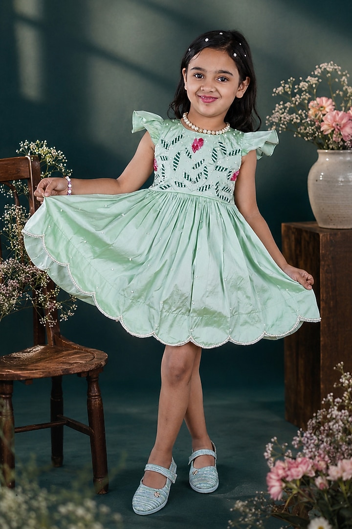 Pista Green Taffeta Silk Floral Handwork Dress For Girls by Hooray at Pernia's Pop Up Shop