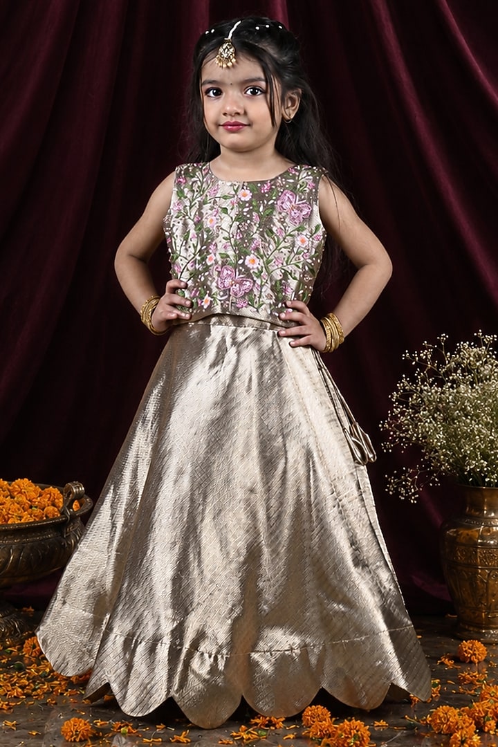 Gold Banarasi Silk Aari Embroidered Lehenga Set For Girls by Hooray at Pernia's Pop Up Shop