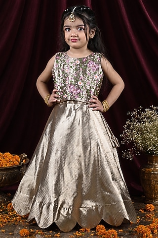 Gold Banarasi Silk Aari Embroidered Lehenga Set For Girls by Hooray