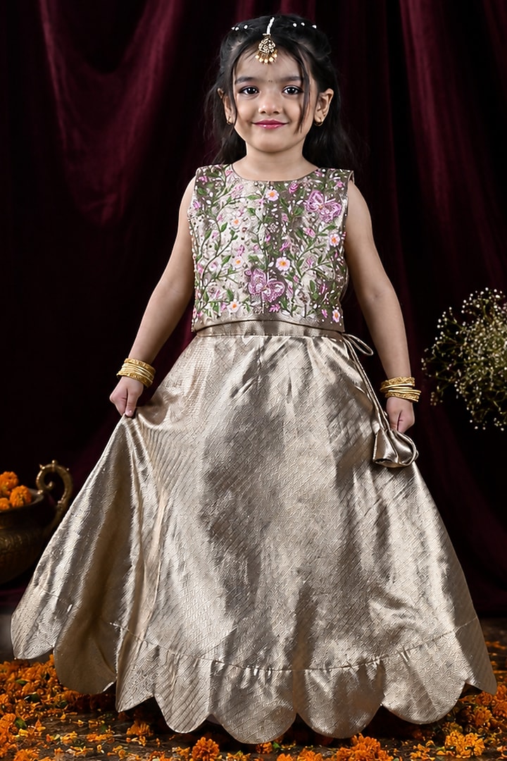 Gold Banarasi Silk Aari Embroidered Lehenga Set For Girls by Hooray at Pernia's Pop Up Shop