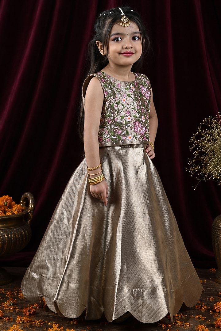 Gold Banarasi Silk Aari Embroidered Lehenga Set For Girls by Hooray at Pernia's Pop Up Shop