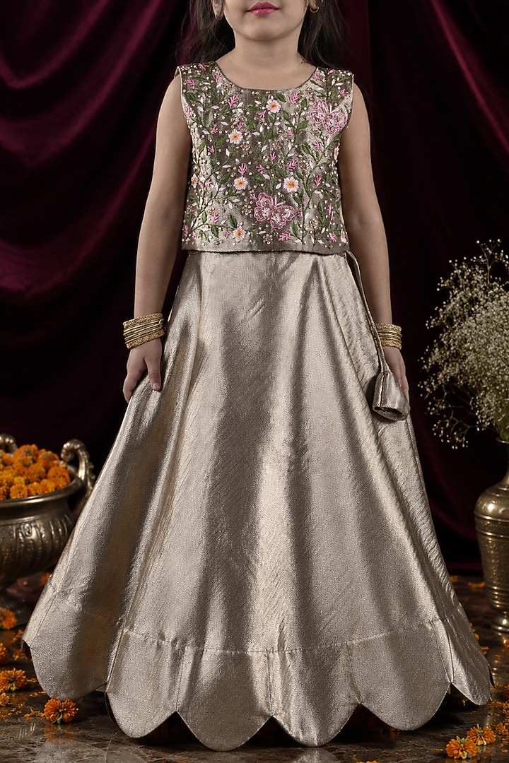 Gold Banarasi Silk Aari Embroidered Lehenga Set For Girls by Hooray at Pernia's Pop Up Shop