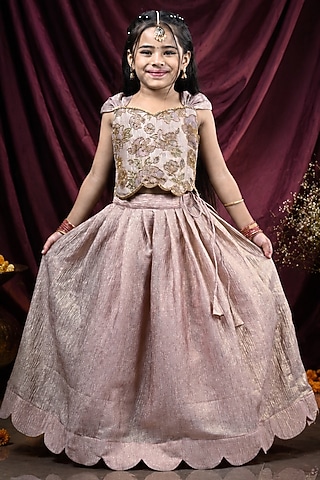 Rose Gold Crushed Tissue Aari Work Lehenga Set For Girls by Hooray