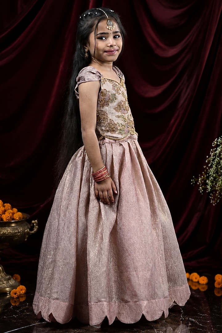 Rose Gold Crushed Tissue Aari Work Lehenga Set For Girls by Hooray at Pernia's Pop Up Shop