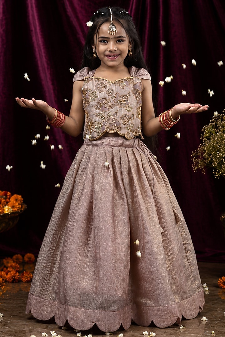 Rose Gold Crushed Tissue Aari Work Lehenga Set For Girls by Hooray at Pernia's Pop Up Shop