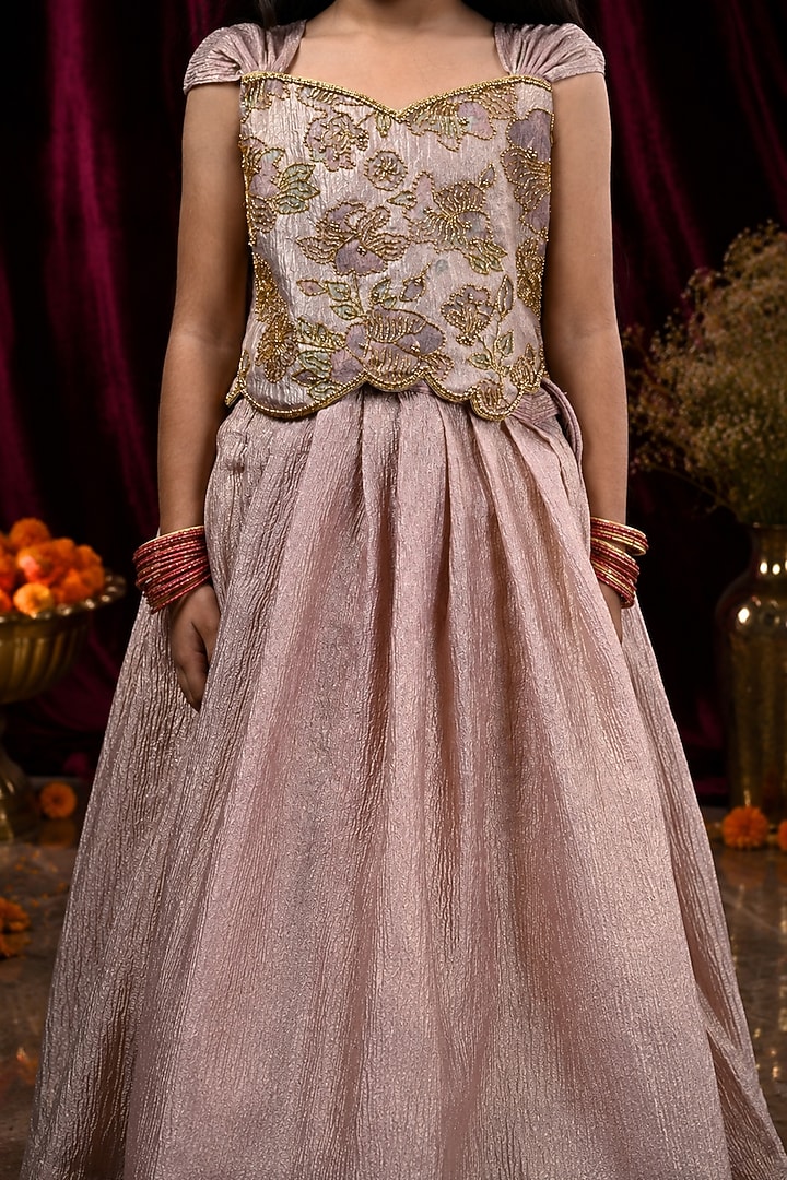 Rose Gold Crushed Tissue Aari Work Lehenga Set For Girls by Hooray at Pernia's Pop Up Shop