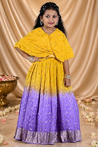 Yellow & Lilac Georgette Lehenga Set For Girls by Hooray