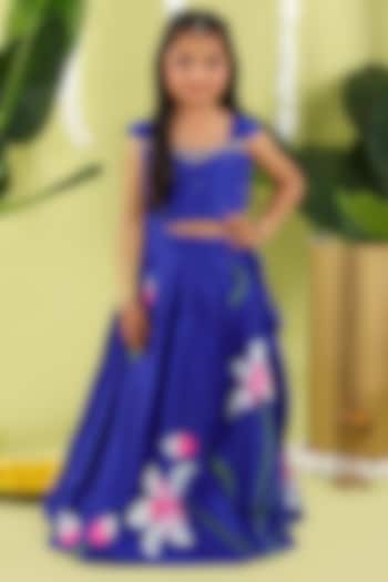 Blue Cotton Floral Hand Painted Lehenga Set For Girls by Hooray at Pernia's Pop Up Shop