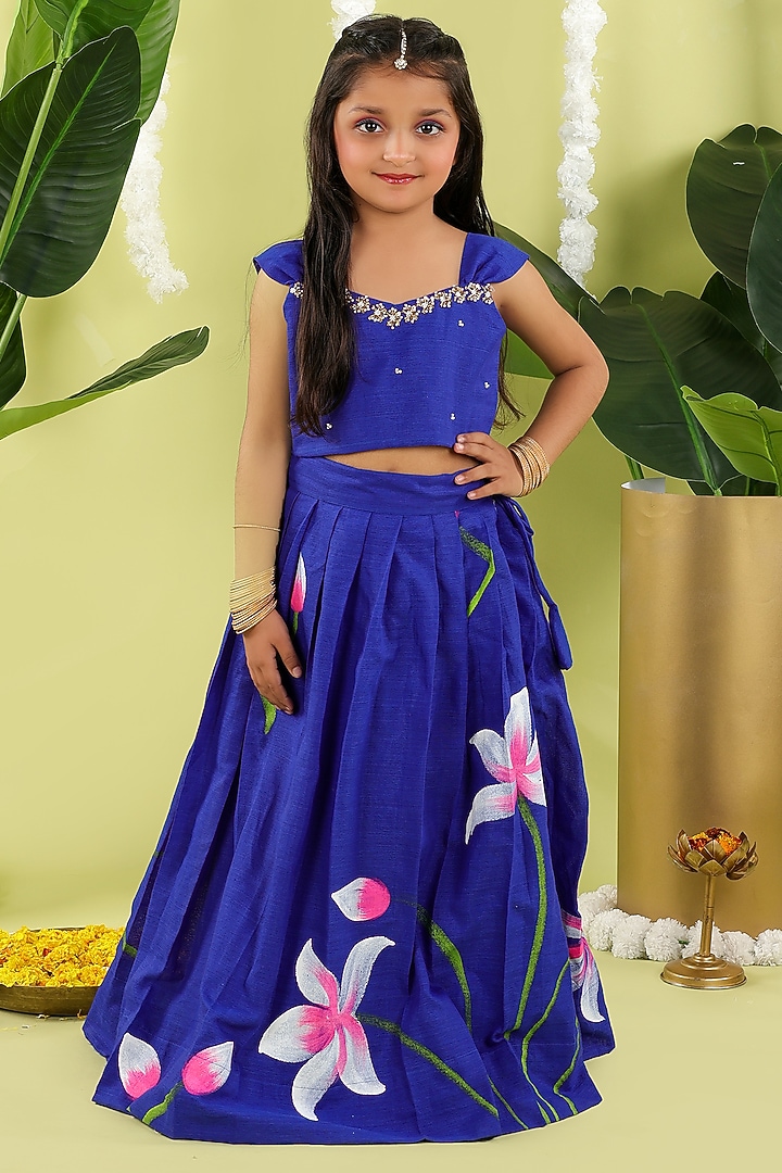 Blue Cotton Floral Hand Painted Lehenga Set For Girls by Hooray at Pernia's Pop Up Shop