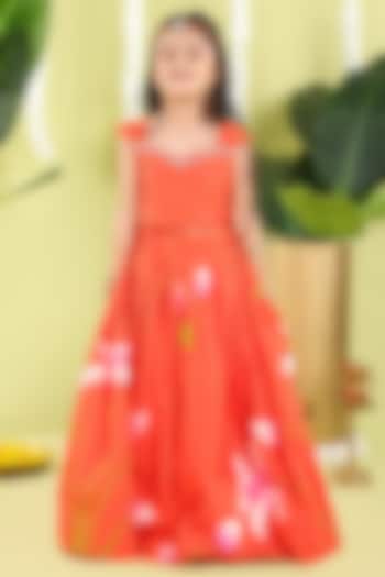 Orange Cotton Floral Hand Painted Lehenga Set For Girls by Hooray at Pernia's Pop Up Shop