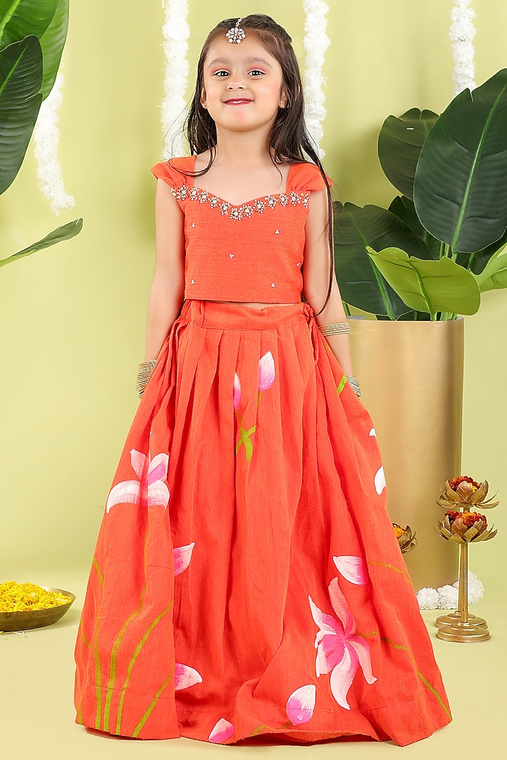Orange Cotton Floral Hand Painted Lehenga Set For Girls by Hooray at Pernia's Pop Up Shop