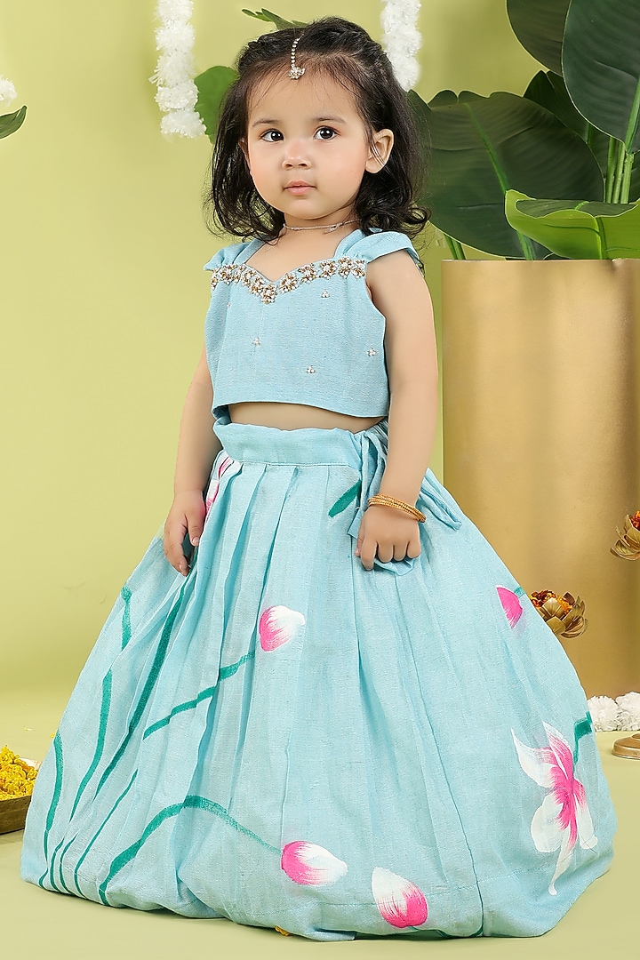 Powder Blue Cotton Floral Hand Painted Lehenga Set For Girls by Hooray at Pernia's Pop Up Shop