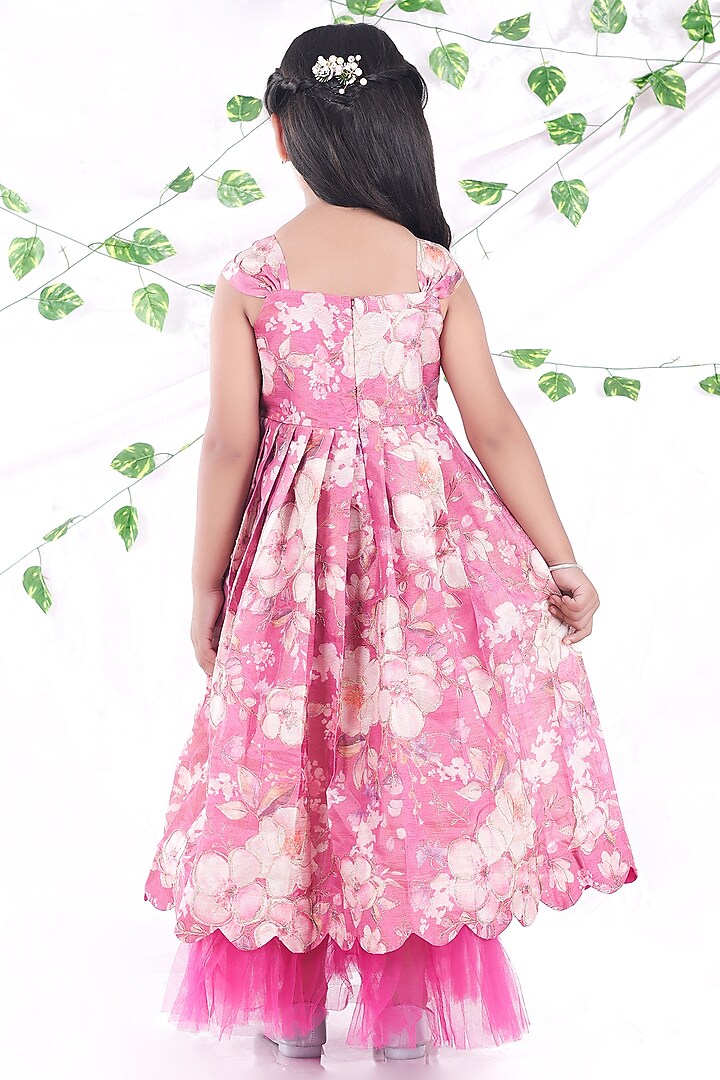 Pink Tissue & Net Floral Embroidered Layered Frilled Gown For Girls by Hooray at Pernia's Pop Up Shop