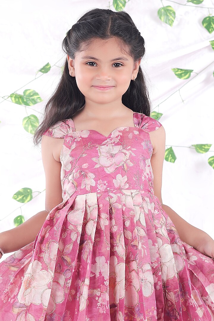 Pink Tissue & Net Floral Embroidered Layered Frilled Gown For Girls by Hooray at Pernia's Pop Up Shop