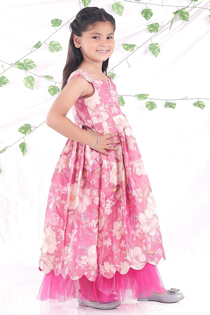Pink Tissue & Net Floral Embroidered Layered Frilled Gown For Girls by Hooray at Pernia's Pop Up Shop