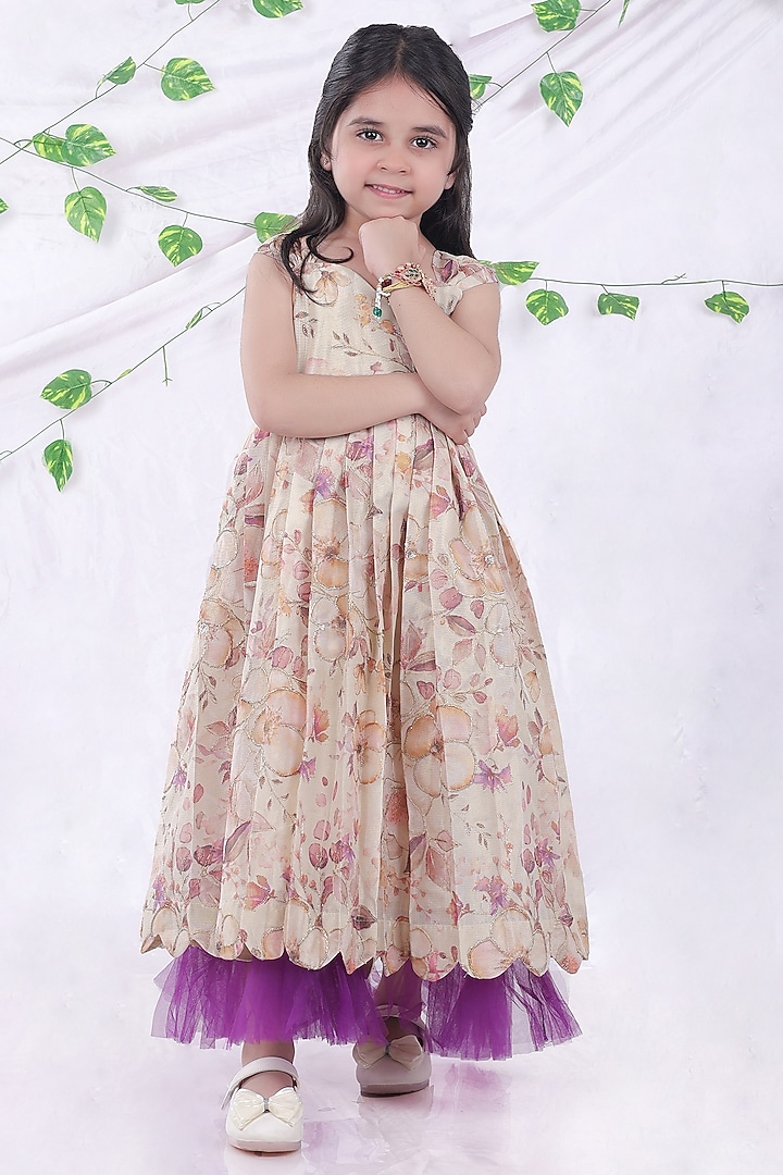 Off-White Tissue & Net Floral Embroidered Layered Frilled Gown For Girls by Hooray at Pernia's Pop Up Shop