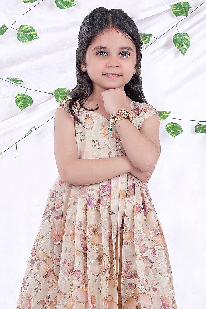 Off-White Tissue & Net Floral Embroidered Layered Frilled Gown For Girls by Hooray at Pernia's Pop Up Shop