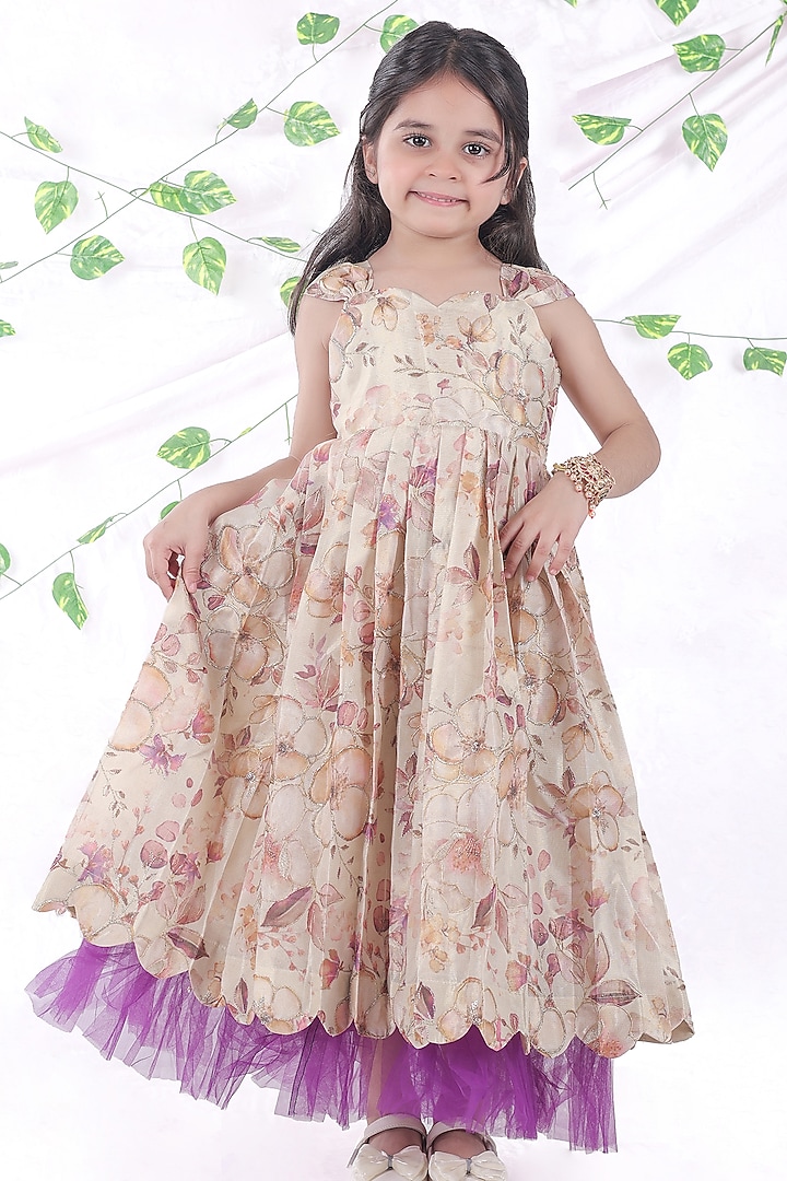 Off-White Tissue & Net Floral Embroidered Layered Frilled Gown For Girls by Hooray at Pernia's Pop Up Shop