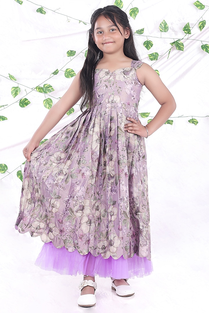 Purple Tissue & Net Floral Embroidered Layered Frilled Gown For Girls by Hooray at Pernia's Pop Up Shop