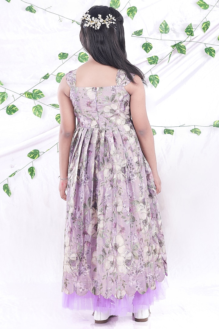 Purple Tissue & Net Floral Embroidered Layered Frilled Gown For Girls by Hooray at Pernia's Pop Up Shop