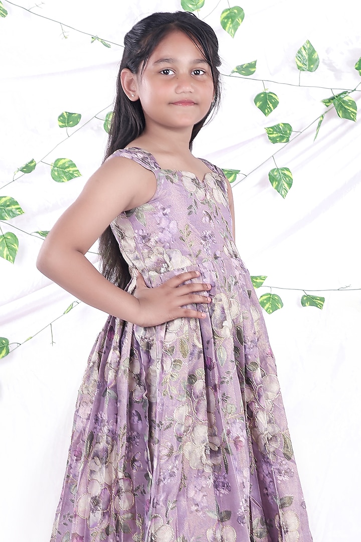 Purple Tissue & Net Floral Embroidered Layered Frilled Gown For Girls by Hooray at Pernia's Pop Up Shop
