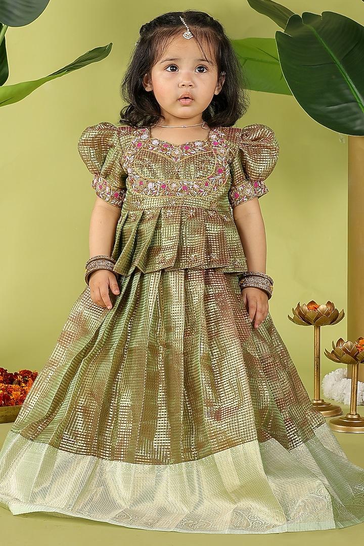 Green Tissue Lehenga Set For Girls by Hooray at Pernia's Pop Up Shop