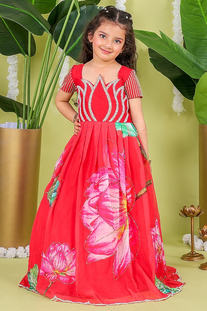 Red Soft Organza Bead & Aari Work Scalloped Gown For Girls by Hooray at Pernia's Pop Up Shop