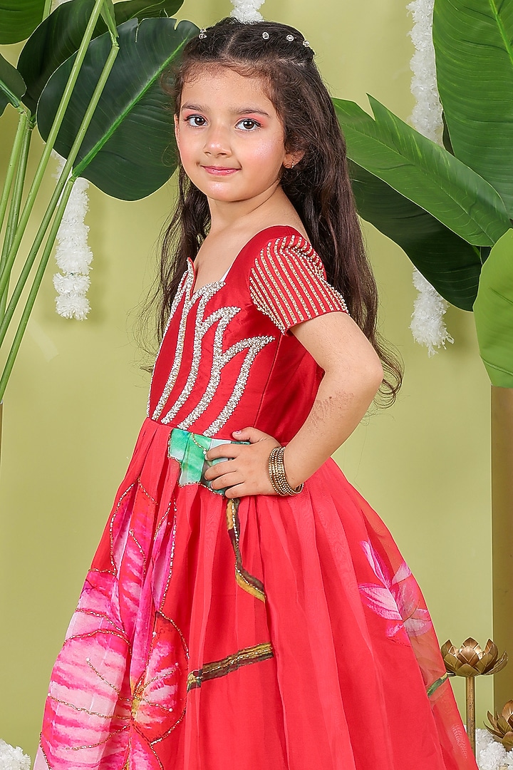 Red Soft Organza Bead & Aari Work Scalloped Gown For Girls by Hooray at Pernia's Pop Up Shop