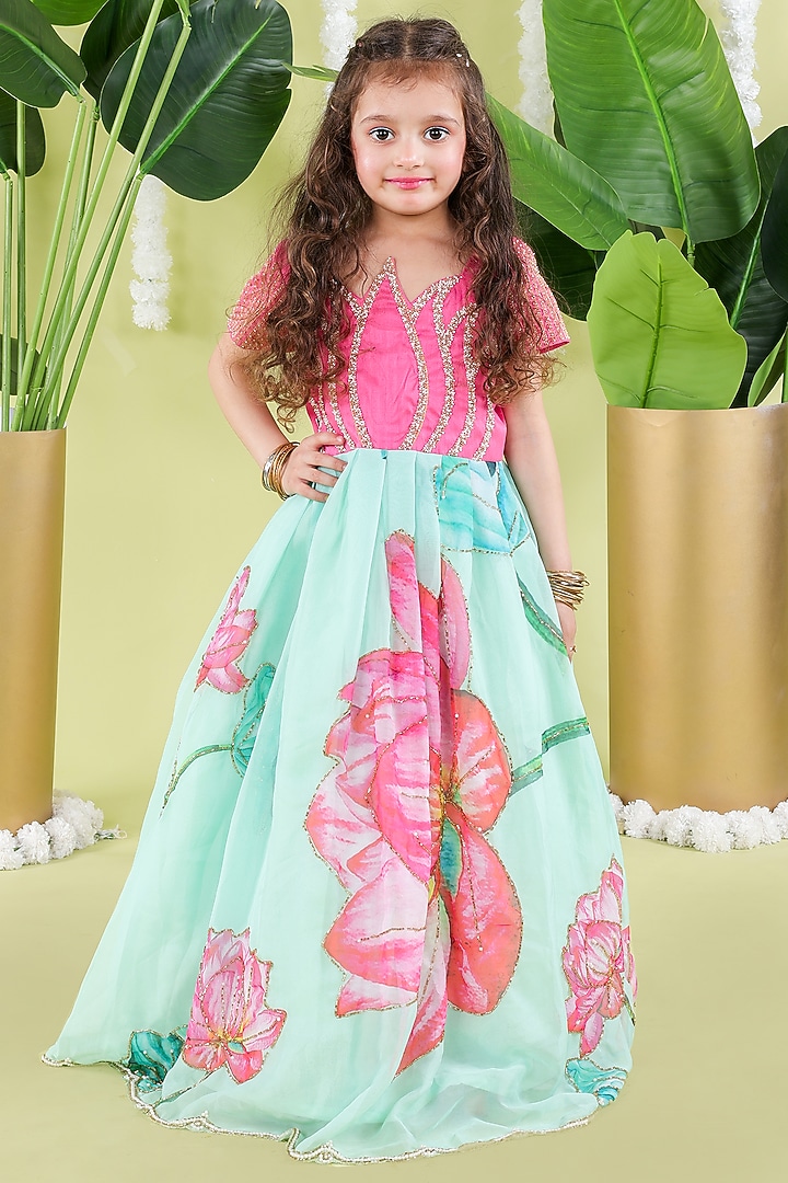 Pink & Green Soft Organza Bead Work Scalloped Gown For Girls by Hooray at Pernia's Pop Up Shop