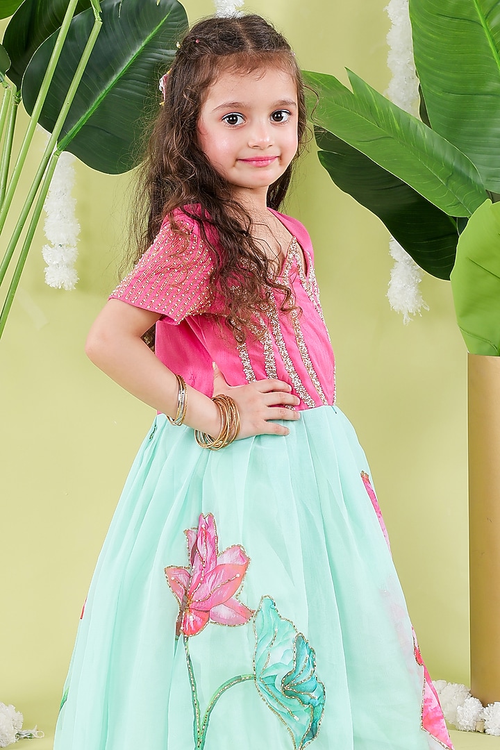 Pink & Green Soft Organza Bead Work Scalloped Gown For Girls by Hooray at Pernia's Pop Up Shop