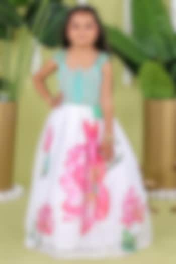 Green & White Soft Organza Bead Work Scalloped Gown For Girls by Hooray at Pernia's Pop Up Shop