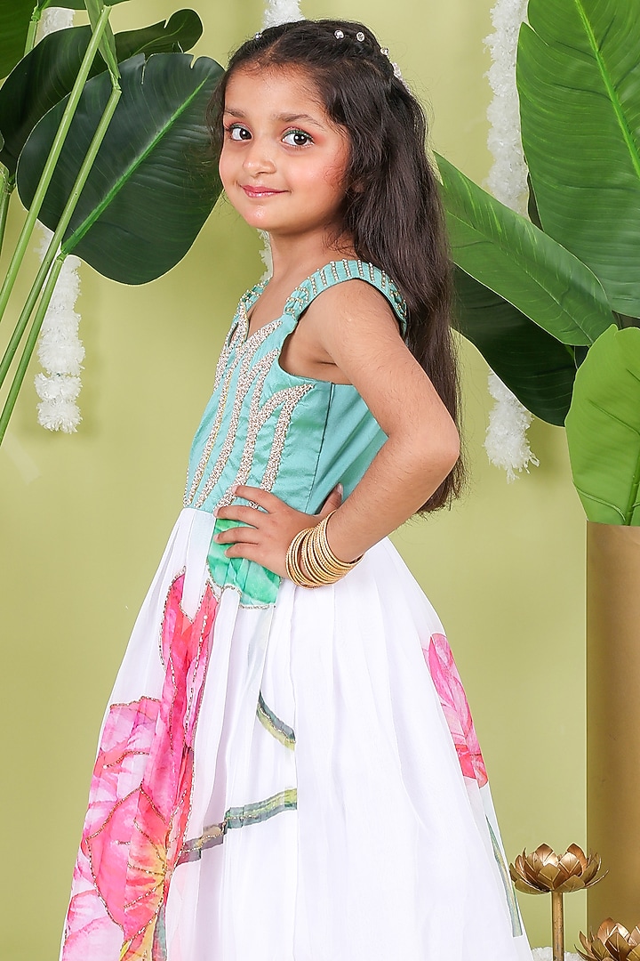 Green & White Soft Organza Bead Work Scalloped Gown For Girls by Hooray at Pernia's Pop Up Shop
