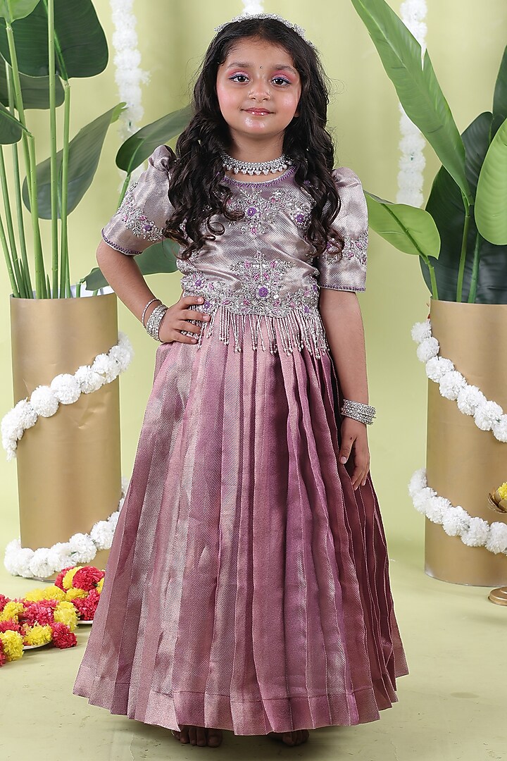 Silver Purple Soft Organza Bead Work Scalloped Gown For Girls by Hooray at Pernia's Pop Up Shop