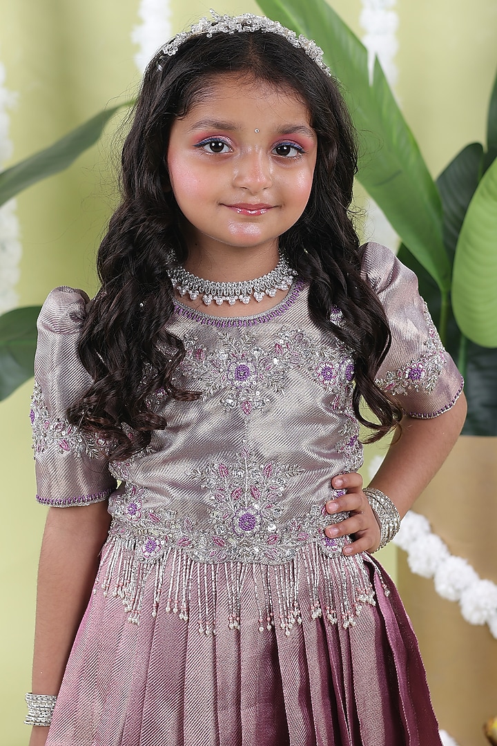 Silver Purple Soft Organza Bead Work Scalloped Gown For Girls by Hooray at Pernia's Pop Up Shop