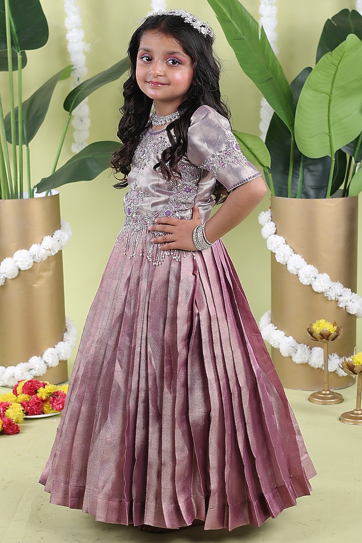 Silver Purple Soft Organza Bead Work Scalloped Gown For Girls by Hooray at Pernia's Pop Up Shop