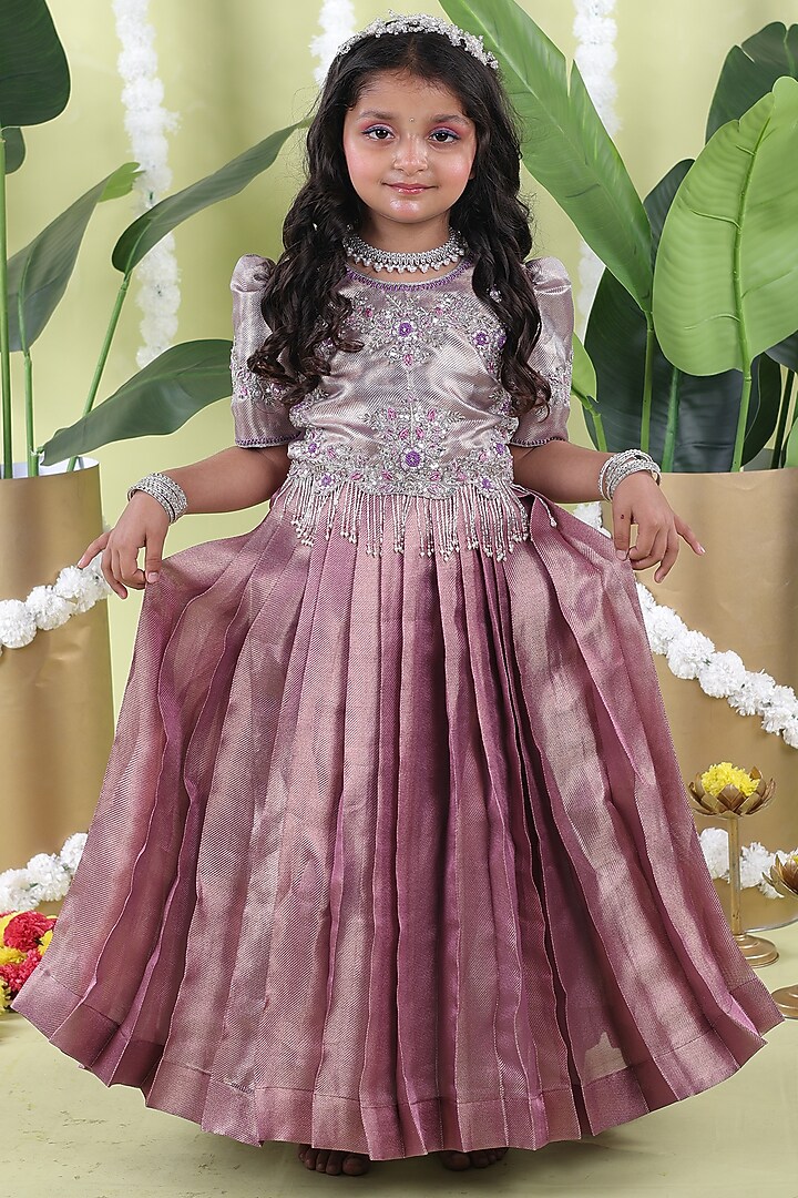 Silver Purple Soft Organza Bead Work Scalloped Gown For Girls by Hooray at Pernia's Pop Up Shop