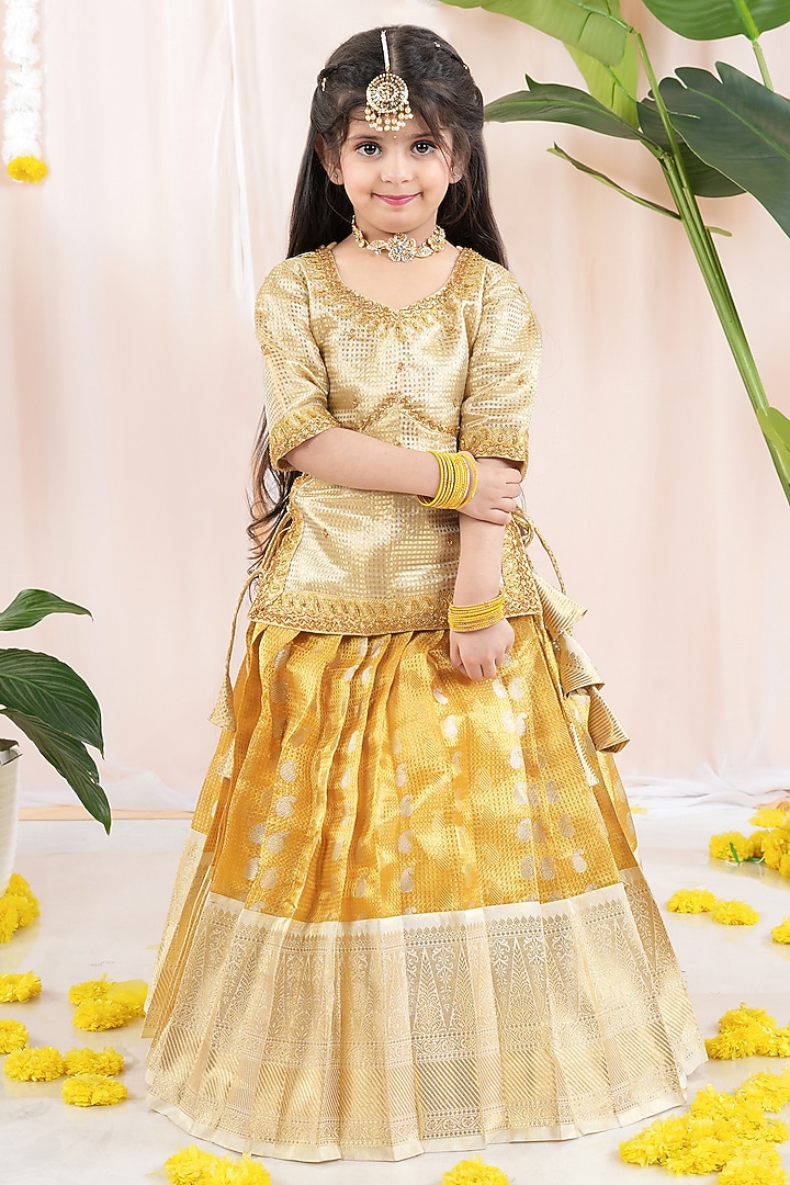 Mango Yellow & Off-White Tissue Lehenga Set For Girls by Hooray at Pernia's Pop Up Shop