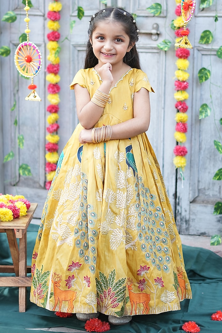 Shiny Yellow Soft Tissue Aari Peacock Gown For Girls by Hooray at Pernia's Pop Up Shop