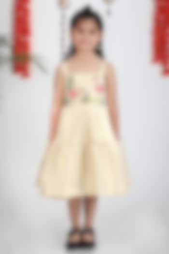 Shiny Off-White Khadi Cotton Flamingo Hand Painted Dress For Girls by Hooray at Pernia's Pop Up Shop