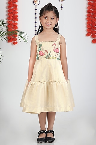 Shiny Off-White Khadi Cotton Flamingo Hand Painted Dress For Girls by Hooray