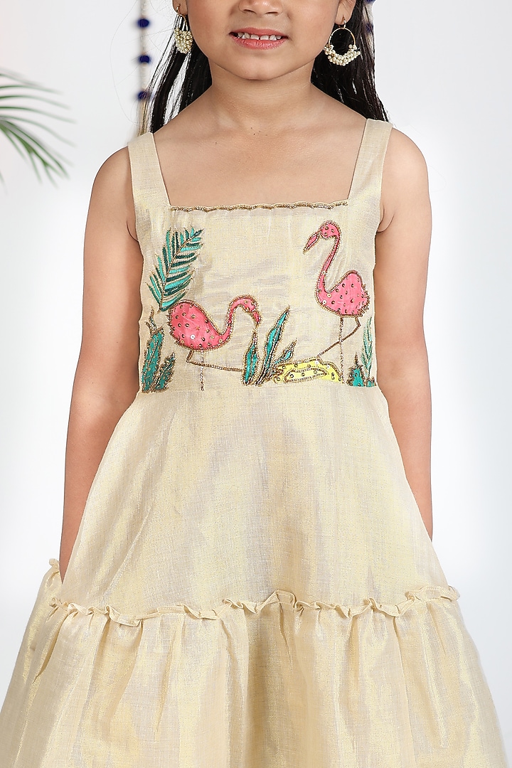 Shiny Off-White Khadi Cotton Flamingo Hand Painted Dress For Girls by Hooray at Pernia's Pop Up Shop