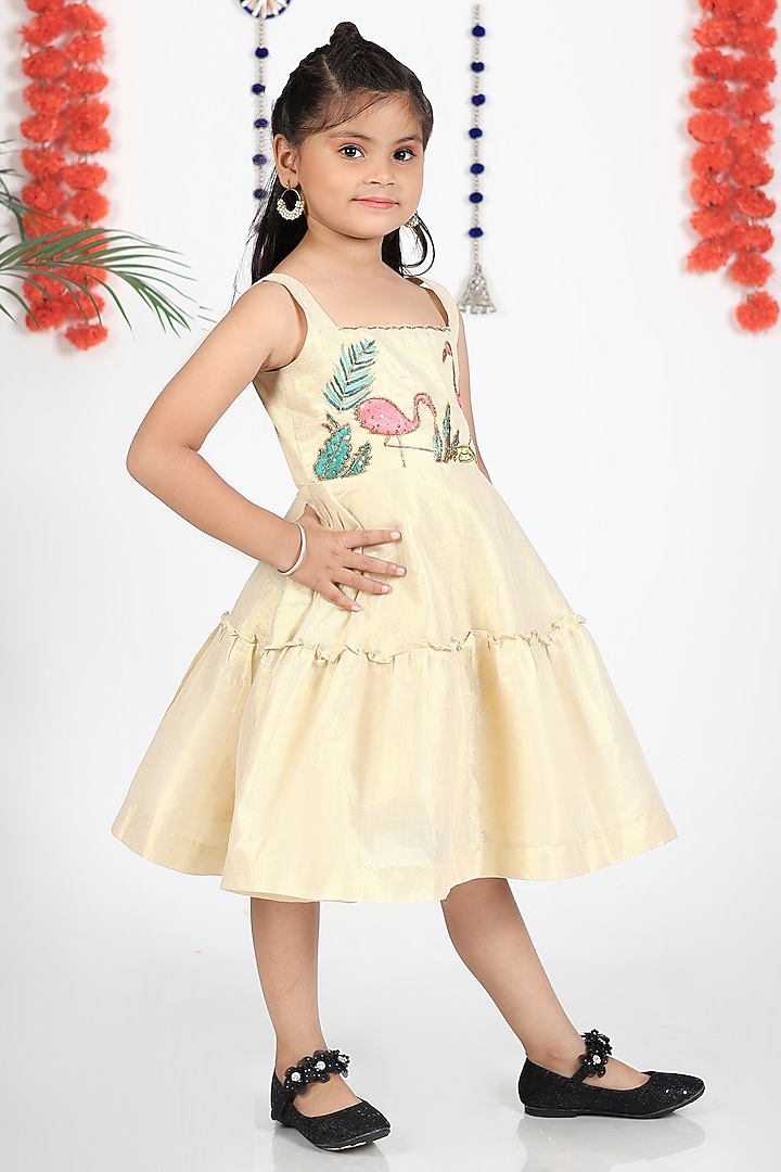 Shiny Off-White Khadi Cotton Flamingo Hand Painted Dress For Girls by Hooray at Pernia's Pop Up Shop
