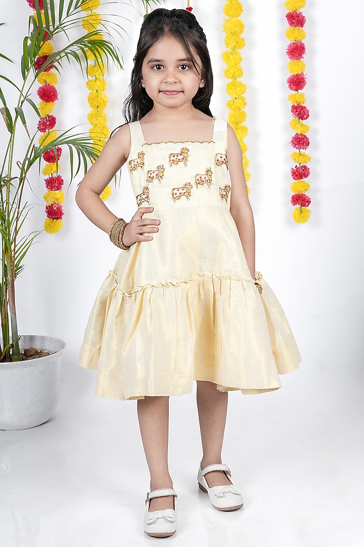 Shiny Off-White Khadi Cotton Flamingo Hand Painted Dress For Girls by Hooray at Pernia's Pop Up Shop